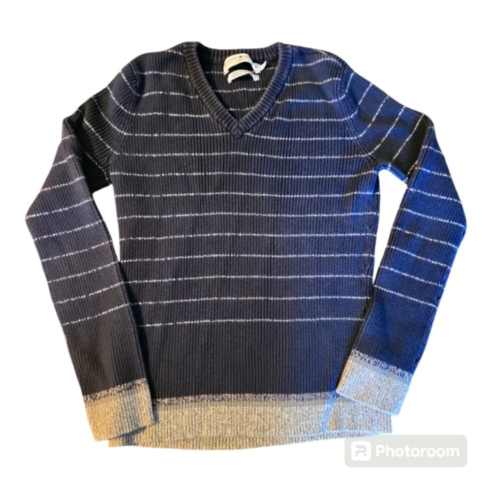 Tommy Hilfiger Navy Gray Striped V-neck Long-Sleeve Cotton Sweater Mens Medium